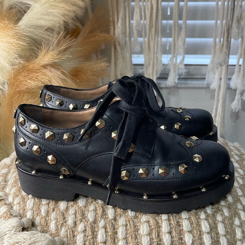 Twin Set Black Leather Gold Studded Low Combat Boots Lace Up Oxfords